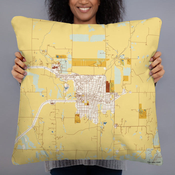 Person holding 22x22 Custom Grangeville Idaho Map Throw Pillow in Woodblock