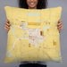 Person holding 22x22 Custom Grangeville Idaho Map Throw Pillow in Woodblock