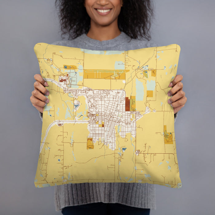 Person holding 18x18 Custom Grangeville Idaho Map Throw Pillow in Woodblock