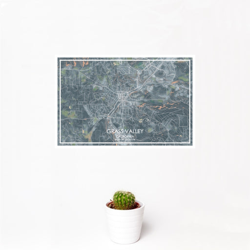 12x18 Grass Valley California Map Print Landscape Orientation in Afternoon Style With Small Cactus Plant in White Planter