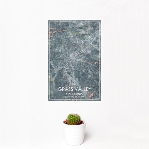 12x18 Grass Valley California Map Print Portrait Orientation in Afternoon Style With Small Cactus Plant in White Planter