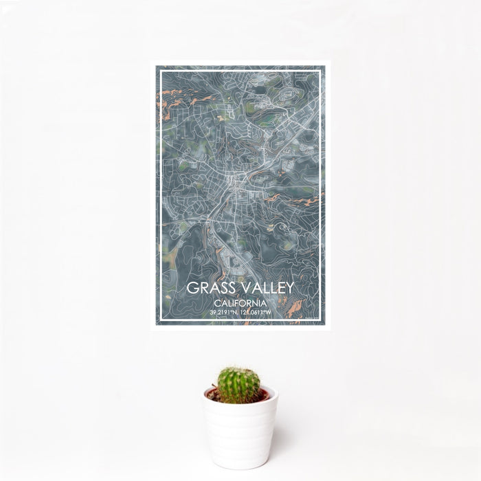 12x18 Grass Valley California Map Print Portrait Orientation in Afternoon Style With Small Cactus Plant in White Planter