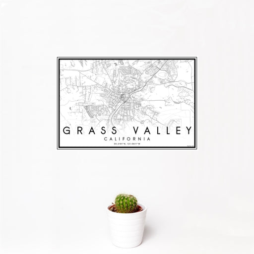 12x18 Grass Valley California Map Print Landscape Orientation in Classic Style With Small Cactus Plant in White Planter