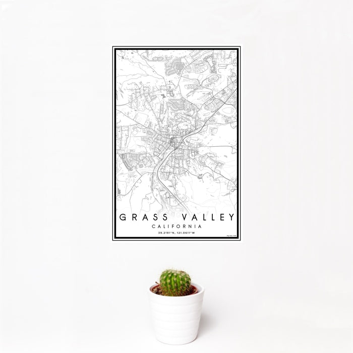 12x18 Grass Valley California Map Print Portrait Orientation in Classic Style With Small Cactus Plant in White Planter