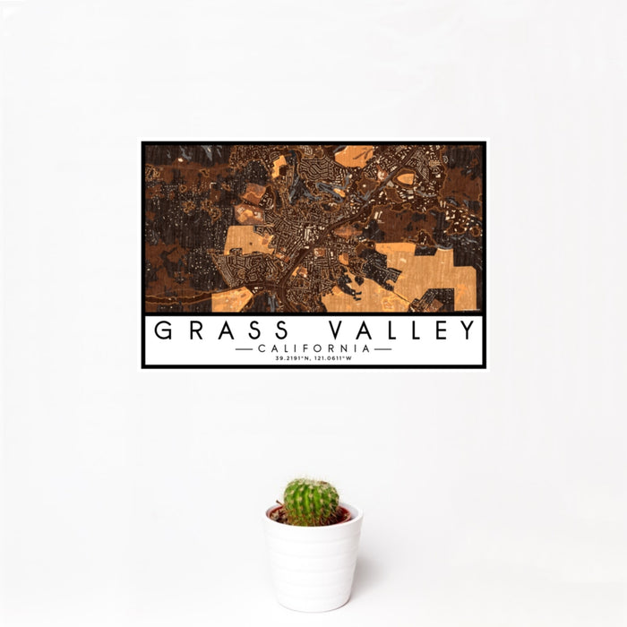 12x18 Grass Valley California Map Print Landscape Orientation in Ember Style With Small Cactus Plant in White Planter
