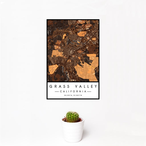12x18 Grass Valley California Map Print Portrait Orientation in Ember Style With Small Cactus Plant in White Planter