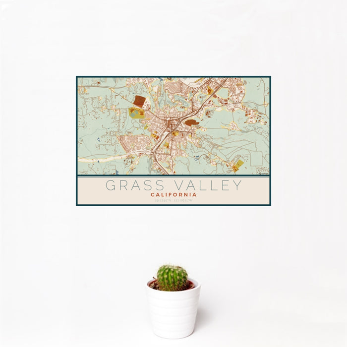 12x18 Grass Valley California Map Print Landscape Orientation in Woodblock Style With Small Cactus Plant in White Planter
