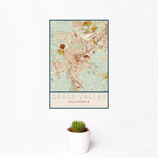 12x18 Grass Valley California Map Print Portrait Orientation in Woodblock Style With Small Cactus Plant in White Planter