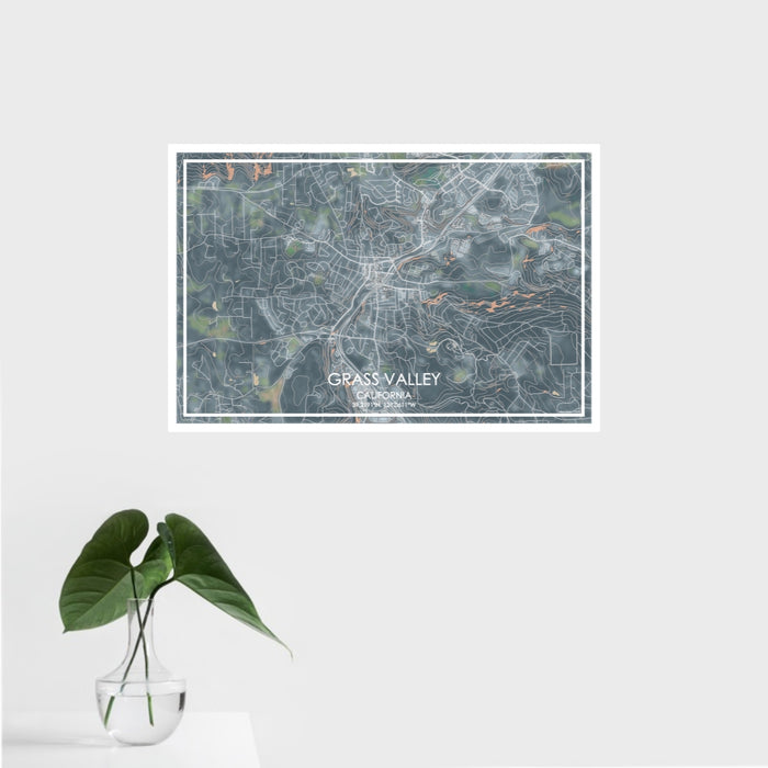 16x24 Grass Valley California Map Print Landscape Orientation in Afternoon Style With Tropical Plant Leaves in Water