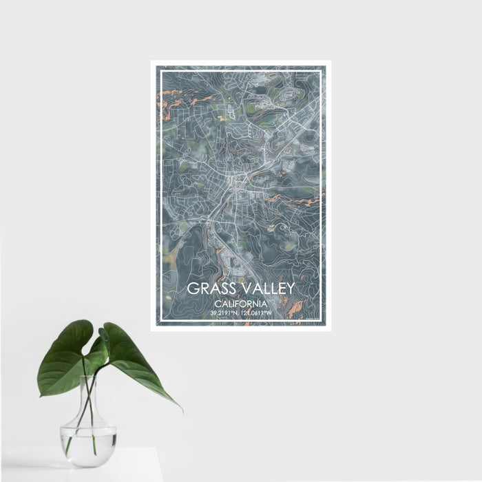 16x24 Grass Valley California Map Print Portrait Orientation in Afternoon Style With Tropical Plant Leaves in Water