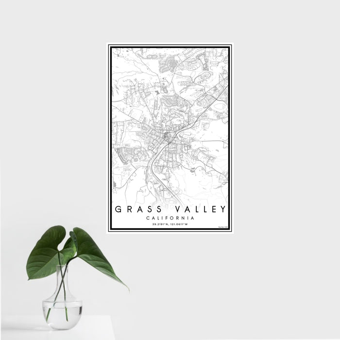 16x24 Grass Valley California Map Print Portrait Orientation in Classic Style With Tropical Plant Leaves in Water