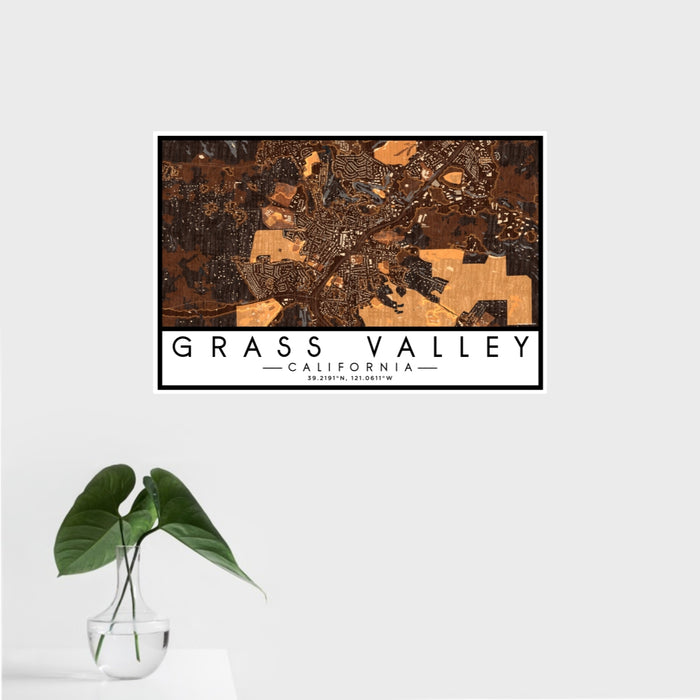 16x24 Grass Valley California Map Print Landscape Orientation in Ember Style With Tropical Plant Leaves in Water