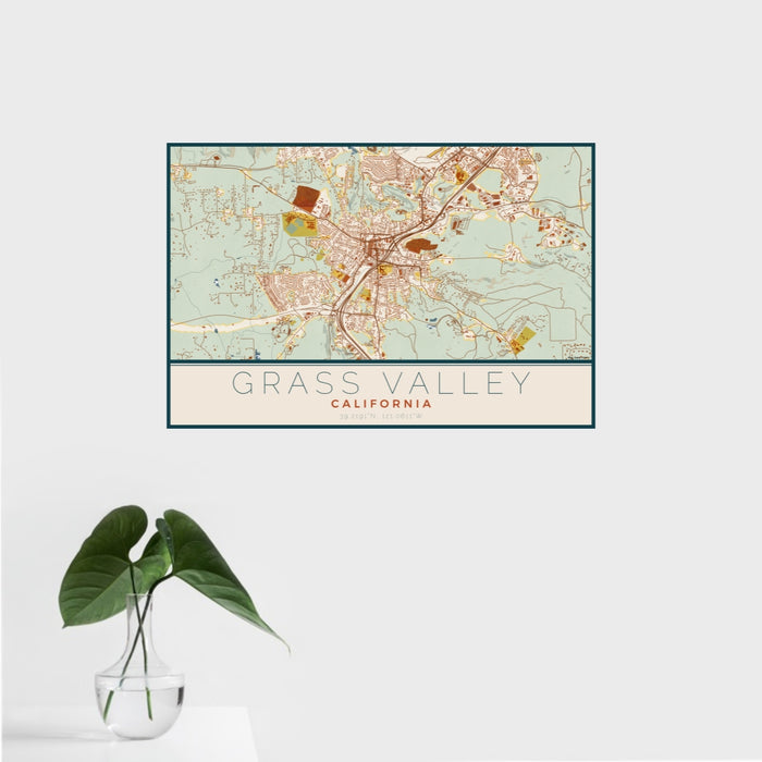 16x24 Grass Valley California Map Print Landscape Orientation in Woodblock Style With Tropical Plant Leaves in Water