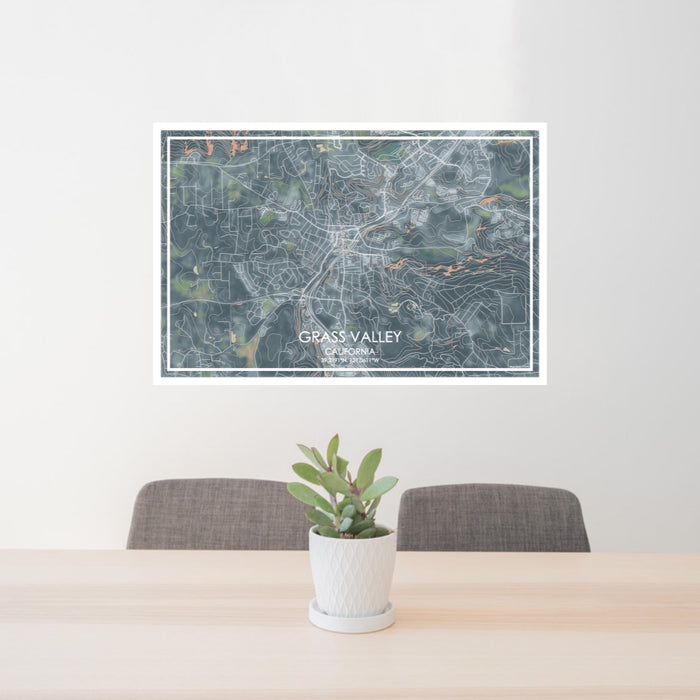 24x36 Grass Valley California Map Print Lanscape Orientation in Afternoon Style Behind 2 Chairs Table and Potted Plant