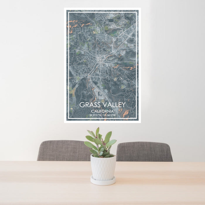24x36 Grass Valley California Map Print Portrait Orientation in Afternoon Style Behind 2 Chairs Table and Potted Plant