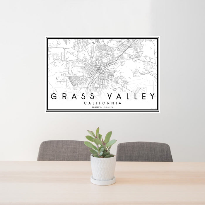 24x36 Grass Valley California Map Print Lanscape Orientation in Classic Style Behind 2 Chairs Table and Potted Plant