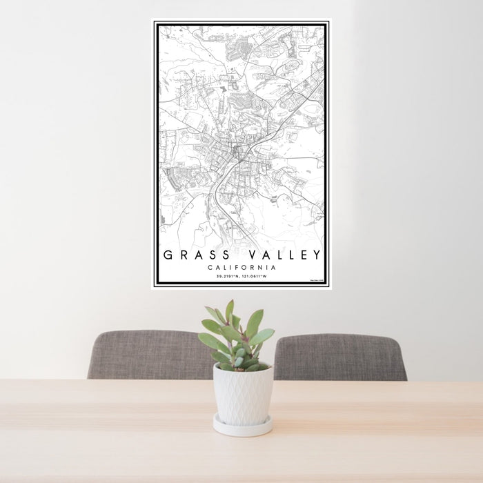 24x36 Grass Valley California Map Print Portrait Orientation in Classic Style Behind 2 Chairs Table and Potted Plant
