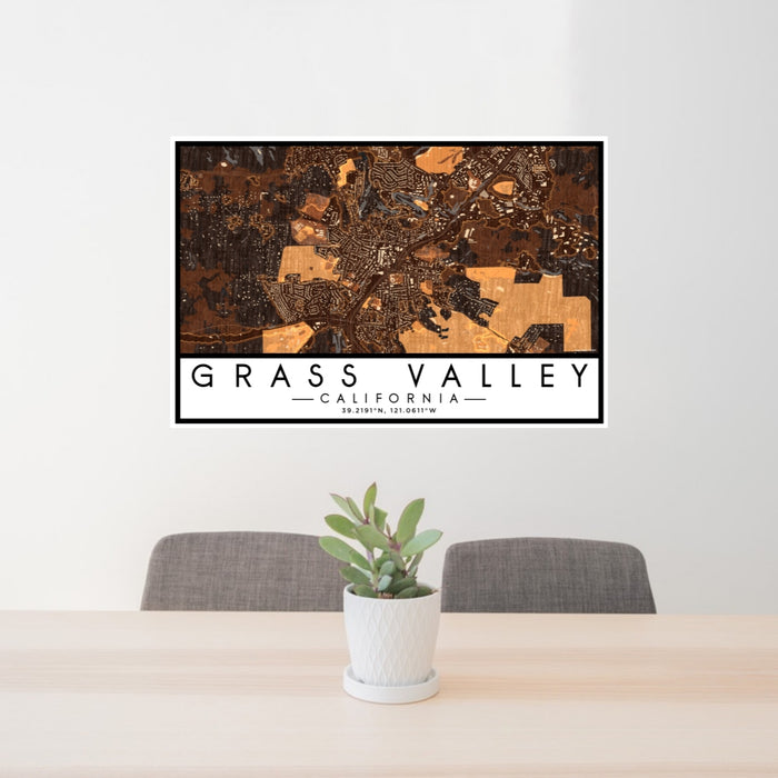 24x36 Grass Valley California Map Print Lanscape Orientation in Ember Style Behind 2 Chairs Table and Potted Plant