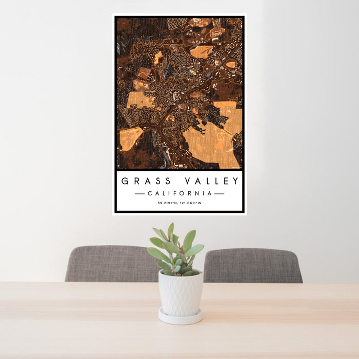 24x36 Grass Valley California Map Print Portrait Orientation in Ember Style Behind 2 Chairs Table and Potted Plant