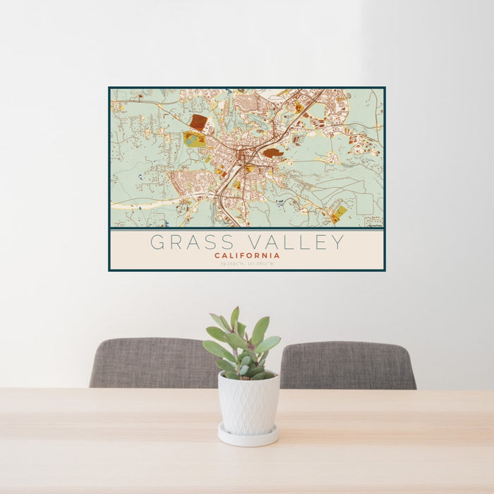 24x36 Grass Valley California Map Print Lanscape Orientation in Woodblock Style Behind 2 Chairs Table and Potted Plant