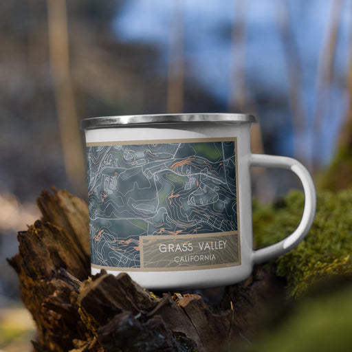 Right View Custom Grass Valley California Map Enamel Mug in Afternoon on Grass With Trees in Background