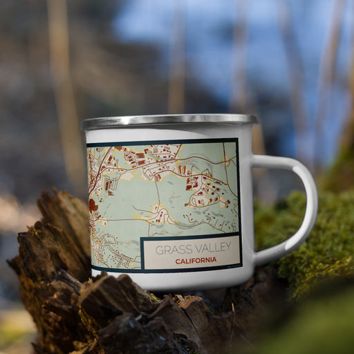 Right View Custom Grass Valley California Map Enamel Mug in Woodblock on Grass With Trees in Background