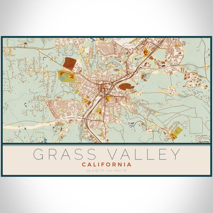 Grass Valley California Map Print Landscape Orientation in Woodblock Style With Shaded Background