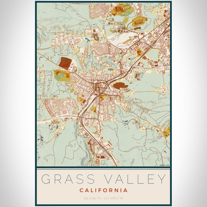 Grass Valley California Map Print Portrait Orientation in Woodblock Style With Shaded Background