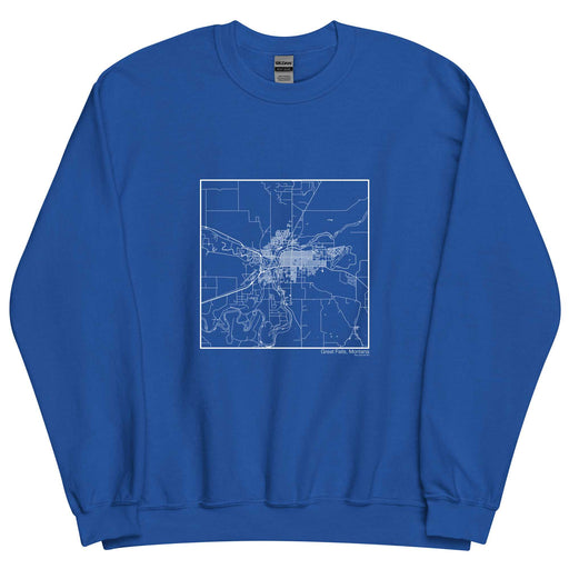 Great Falls Montana  Map Unisex Crewneck Sweater with City inscription in Royal Blue