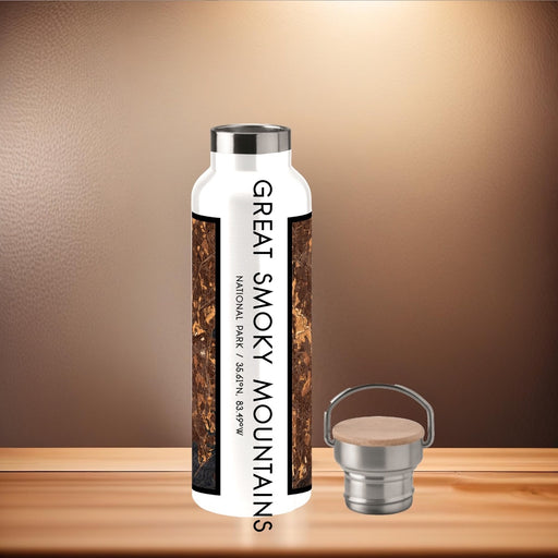 Great Smoky Mountains National Park Custom City Map Inscription Coordinates on 20oz Stainless Steel Insulated Bottle with Bamboo Top with printed ember style map