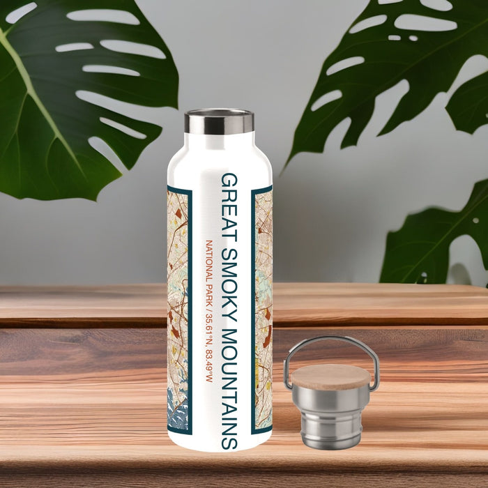 Great Smoky Mountains National Park Custom City Map Inscription Coordinates on 20oz Stainless Steel Insulated Bottle with Bamboo Top with printed woodblock style map