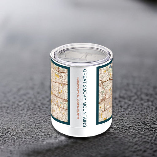 Great Smoky Mountains National Park Custom City Map Inscription Coordinates on 10oz Stainless Steel Insulated Cup in Woodblock with Sliding Lid