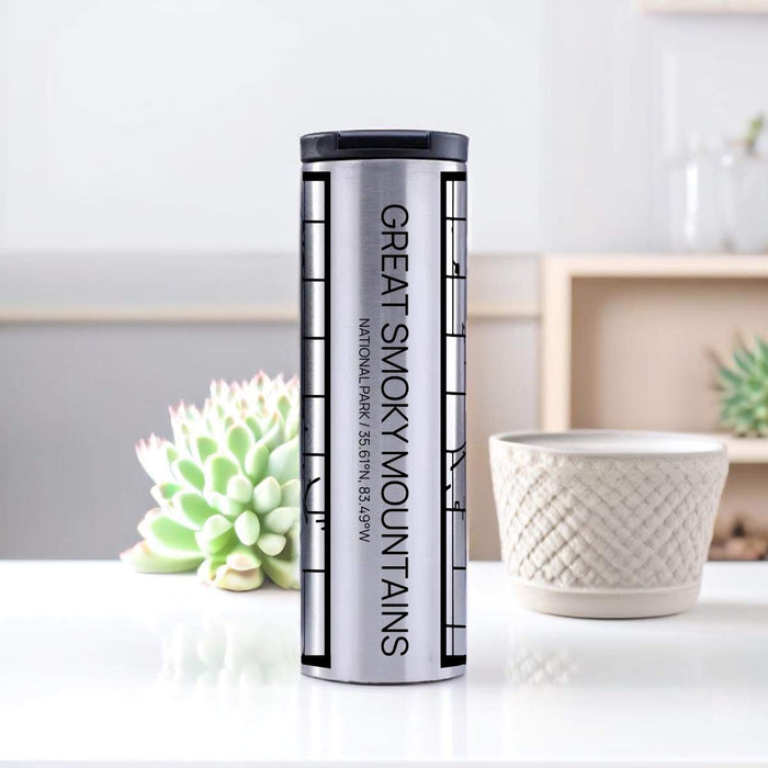 Great Smoky Mountains National Park Custom City Map Inscription Coordinates on 17oz Stainless Steel Insulated Tumbler in Tactile Lines with Succulent in Background