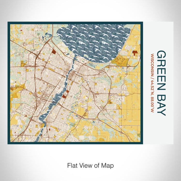 Rendered View of Green Bay Wisconsin Map on 20oz Stainless Steel Insulated Bottle with Bamboo Top with printed woodblock style map