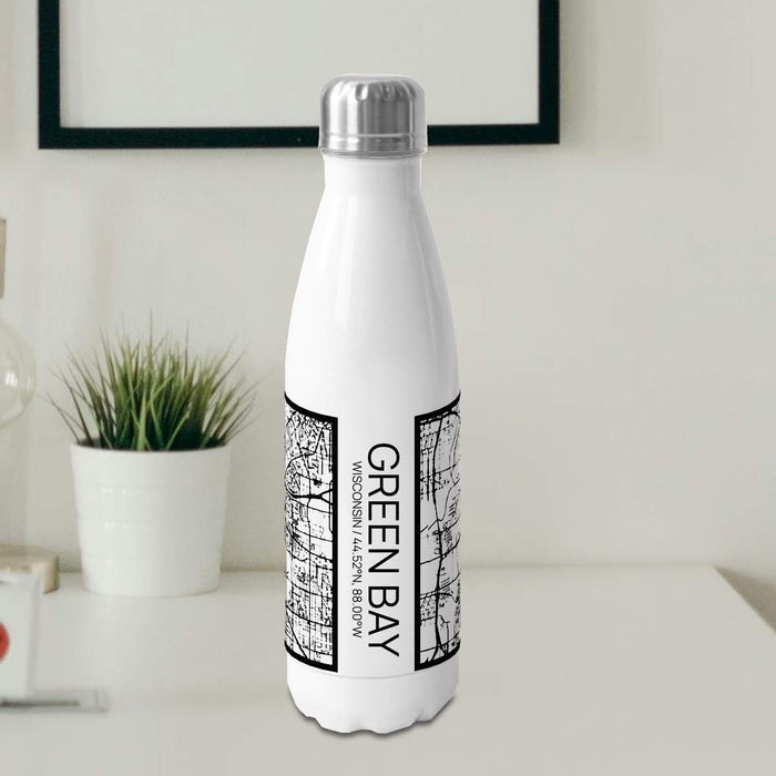 Green Bay Wisconsin Custom City Map Inscription Coordinates on 17oz Stainless Steel Insulated Cola Bottle in Stainless in Matte White