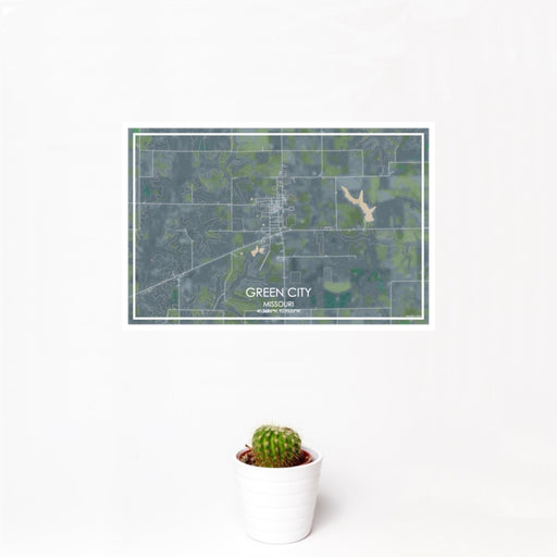 12x18 Green City Missouri Map Print Landscape Orientation in Afternoon Style With Small Cactus Plant in White Planter