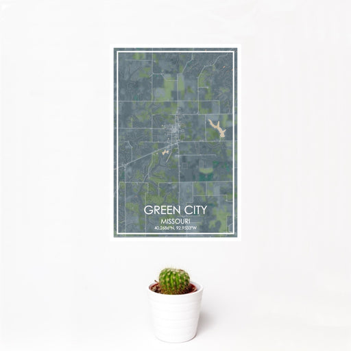 12x18 Green City Missouri Map Print Portrait Orientation in Afternoon Style With Small Cactus Plant in White Planter