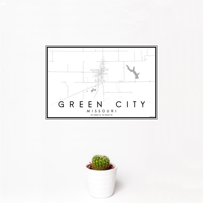 12x18 Green City Missouri Map Print Landscape Orientation in Classic Style With Small Cactus Plant in White Planter