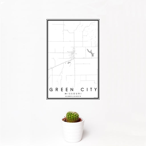 12x18 Green City Missouri Map Print Portrait Orientation in Classic Style With Small Cactus Plant in White Planter