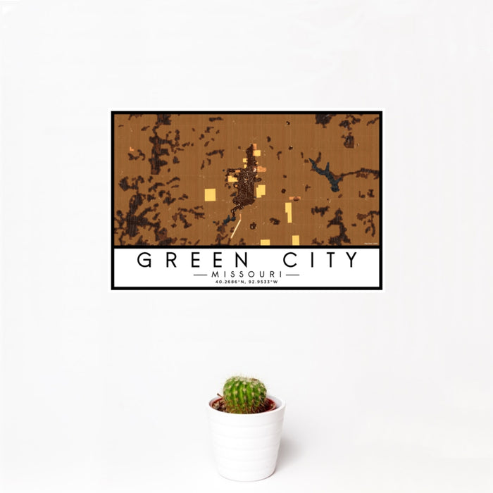 12x18 Green City Missouri Map Print Landscape Orientation in Ember Style With Small Cactus Plant in White Planter