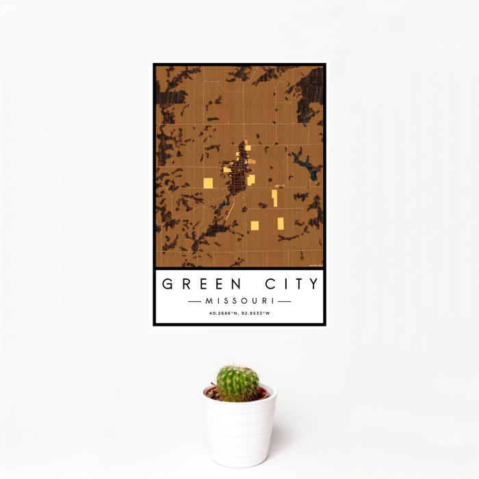 12x18 Green City Missouri Map Print Portrait Orientation in Ember Style With Small Cactus Plant in White Planter