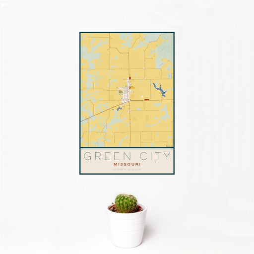 12x18 Green City Missouri Map Print Portrait Orientation in Woodblock Style With Small Cactus Plant in White Planter