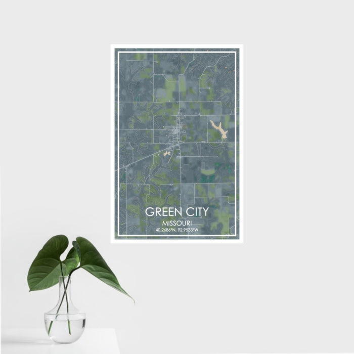 16x24 Green City Missouri Map Print Portrait Orientation in Afternoon Style With Tropical Plant Leaves in Water