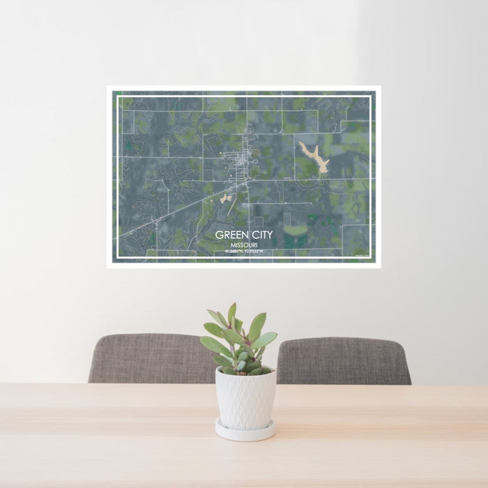 24x36 Green City Missouri Map Print Lanscape Orientation in Afternoon Style Behind 2 Chairs Table and Potted Plant