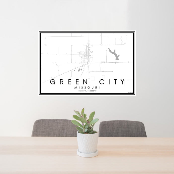 24x36 Green City Missouri Map Print Lanscape Orientation in Classic Style Behind 2 Chairs Table and Potted Plant