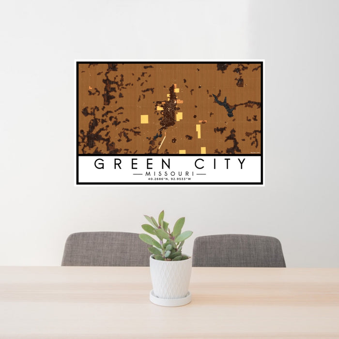 24x36 Green City Missouri Map Print Lanscape Orientation in Ember Style Behind 2 Chairs Table and Potted Plant