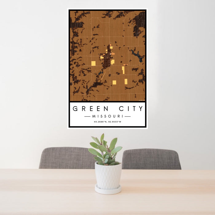 24x36 Green City Missouri Map Print Portrait Orientation in Ember Style Behind 2 Chairs Table and Potted Plant