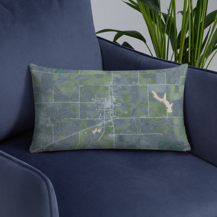 Custom Green City Missouri Map Throw Pillow in Afternoon on Blue Colored Chair