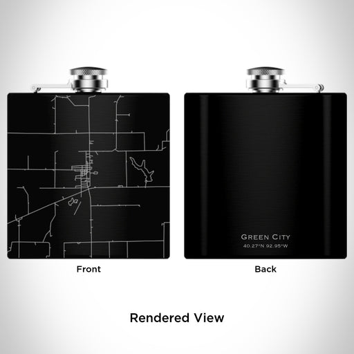 Rendered View of Green City Missouri Map Engraving on 6oz Stainless Steel Flask in Black