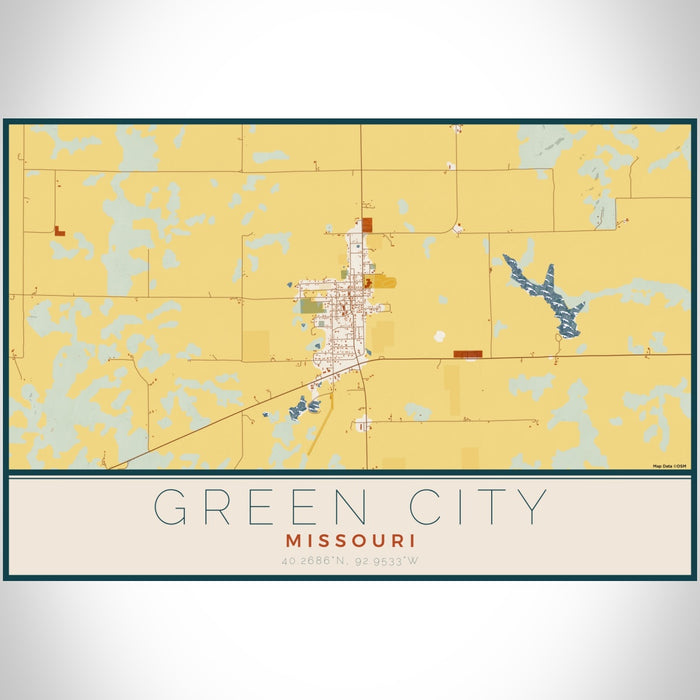 Green City Missouri Map Print Landscape Orientation in Woodblock Style With Shaded Background
